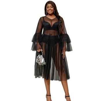 Sexy Flare Sleeve Loose See Through Beach Swimming Wear Plus Size Dresses