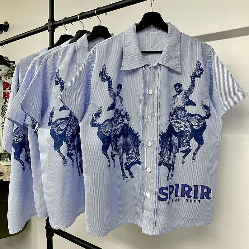 Salati Custom High Quality Summer Streetwear Drop Shoulder Oversized Collared Graphic Printed Short Sleeve Button up Shirt Men gallery 2