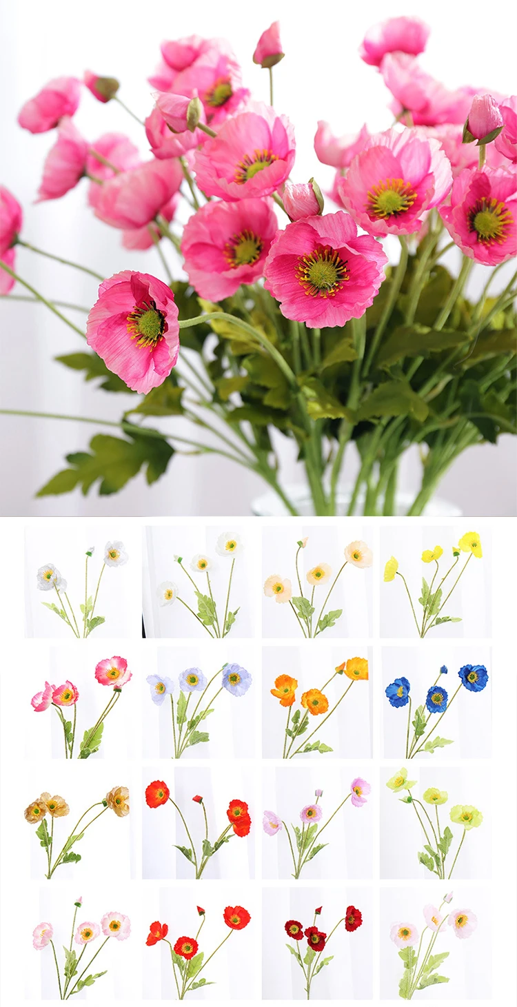 红色罂粟花人造花丝绸假罂粟花束长茎逼真桌展示室内婚礼花卉装饰