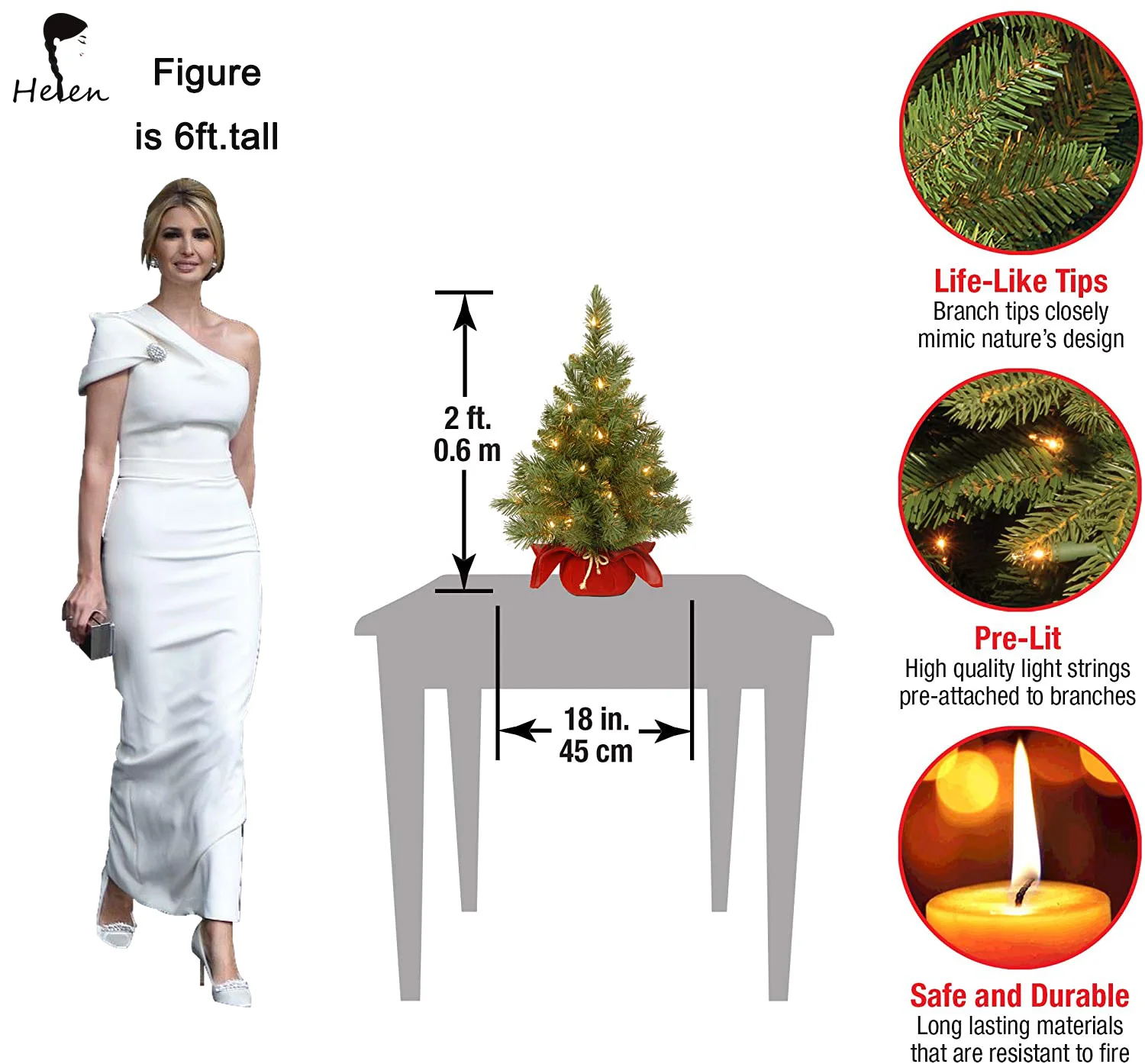 Helen Prelit Artificial Christmas Tree With Lights And Wooden Base