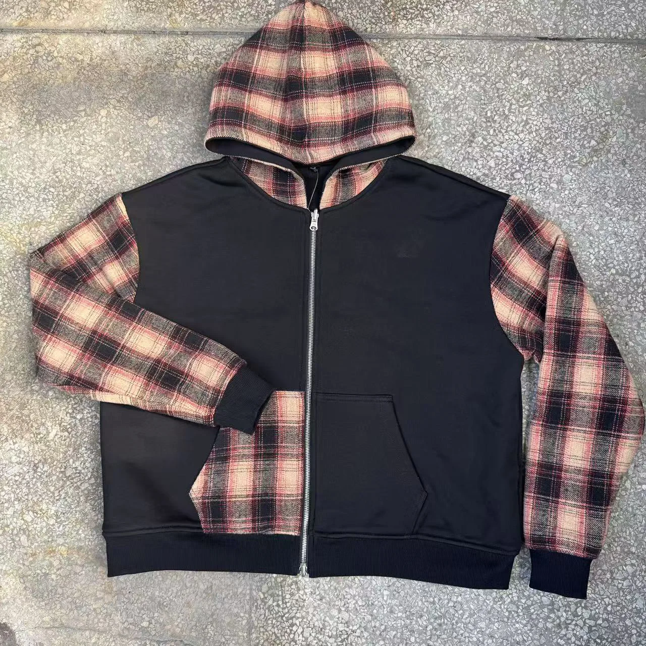 Clothing Manufacturers Custom French Terry 100% Cotton Plaid Patchwork Color Block Zip up Hoodie Jacket for Men gallery 7
