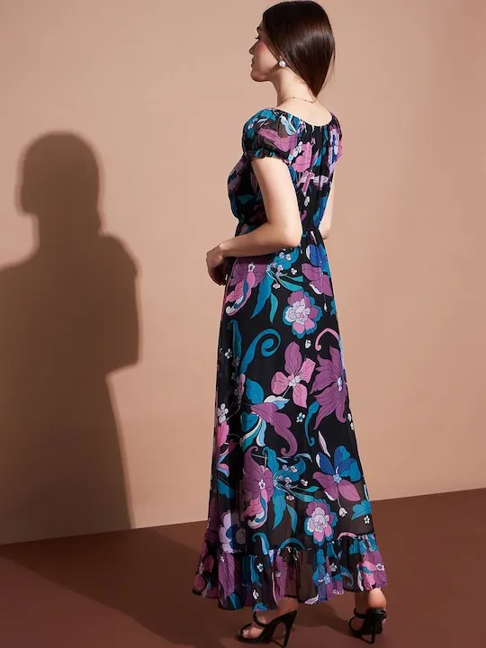 Flutter Sleeves Ruffled Square Neck Flounce Midi A-Line Dress Front Ruffle Women Casual Summer Dress Made In India