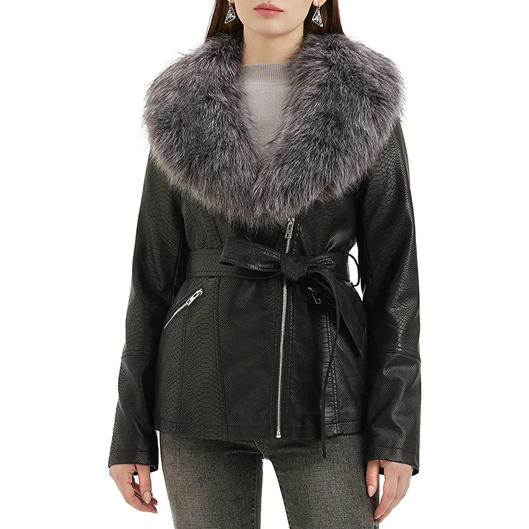 Customized High Quality Ladies Leather Jacket With Fur Collar Reversible And Waterproof Design Women