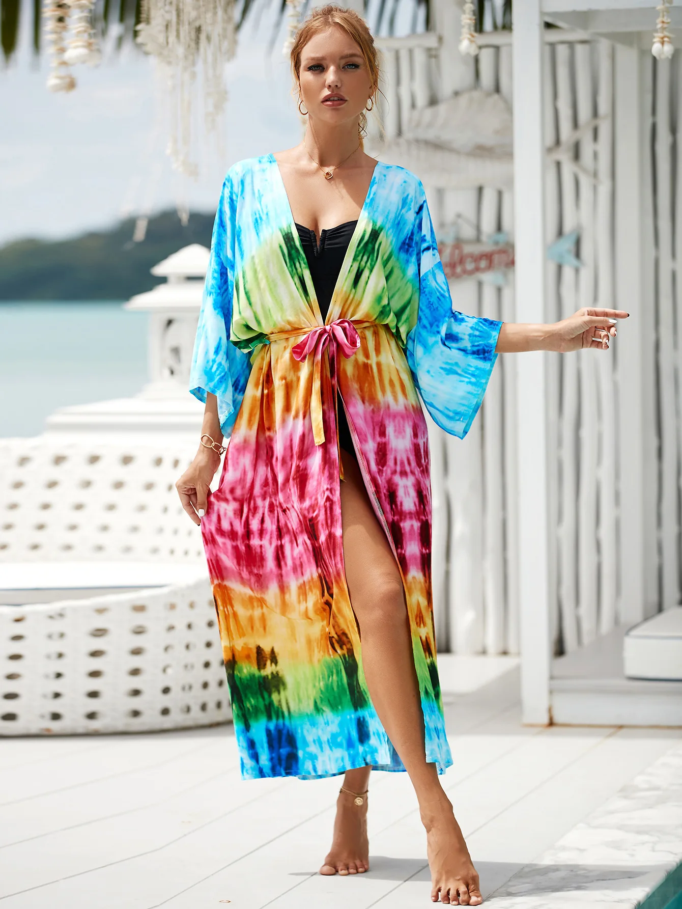 Multi Beautiful Fancy Floral Tie Dye Beach Holiday Wear Rayon Kimono ...