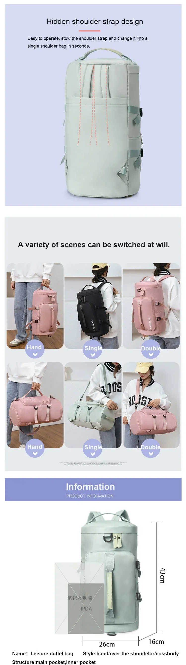 Large Capacity Travel Bag Waterproof Sport Gym Travel Duffel Bag With Shoe Compartment Luggage