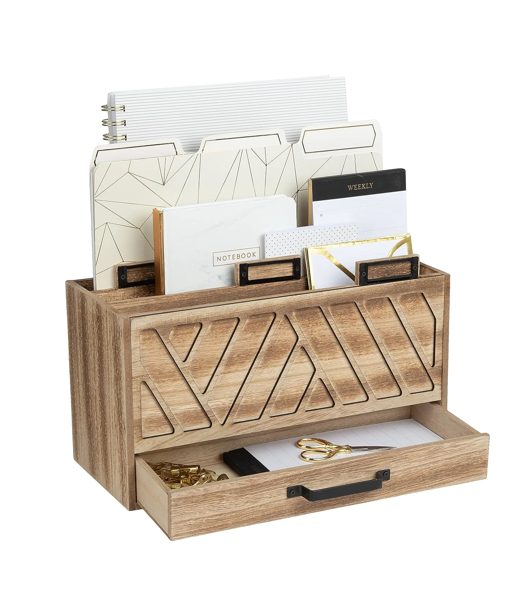 ThreeTier Natural Wood Desktop Mail Organizer for Home with Black