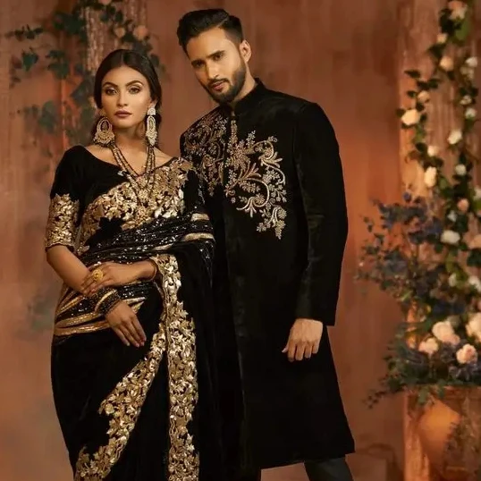 Designer Indian/Pakistani HEAVY ZARI EMBROIDERY on BLACK SAREE WITH STYLISH BLACK SHERWANI WITH PANT for PARTYWEAR/WEDDING@ 2024