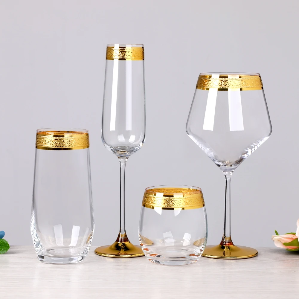 Luxury No Lead Crystal Art Deco Edge Gold Rimmed Glass champagne Flutes Wine Glasses Stemless