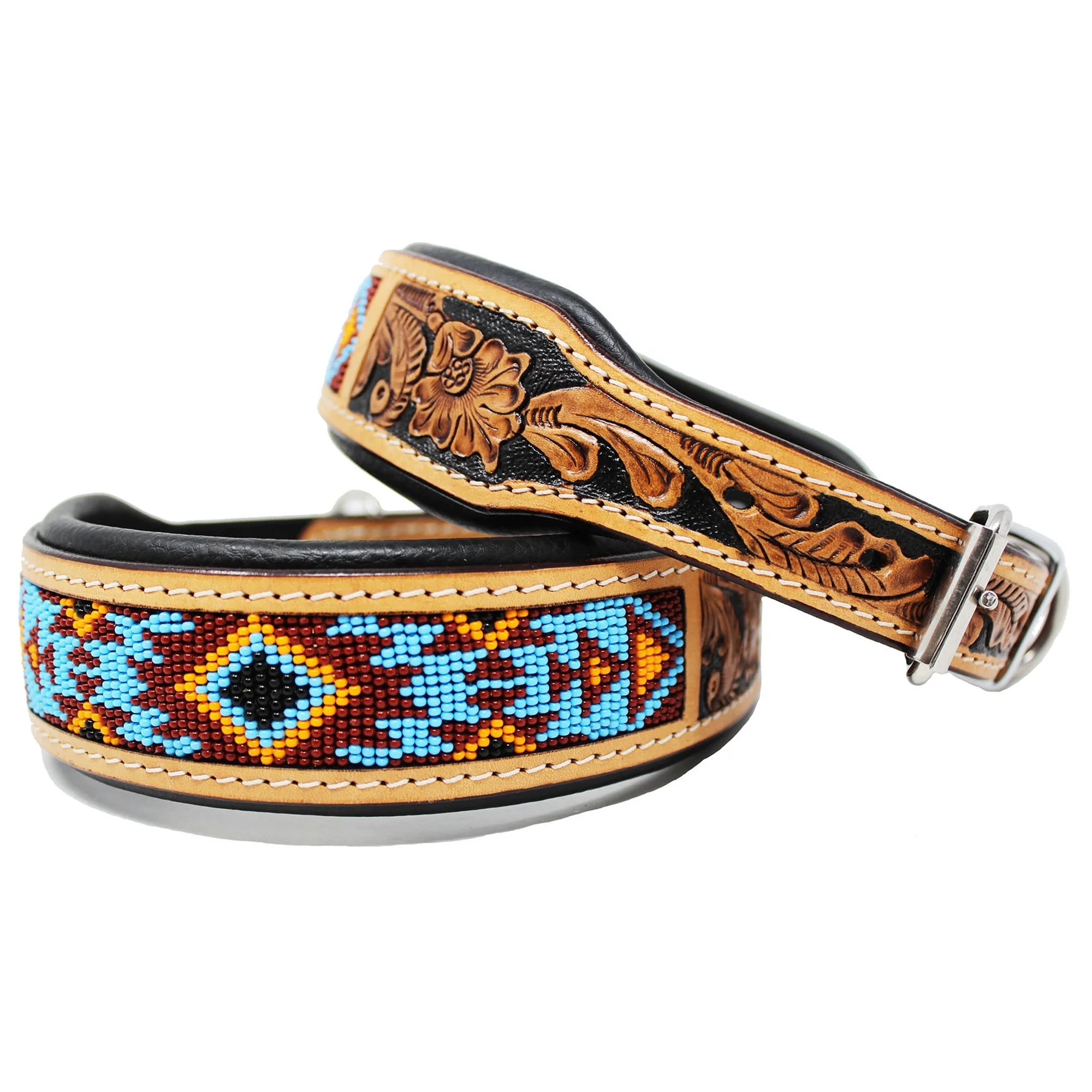 Cow Leather Soft Padded Dog Collars With Bead Work & Hand Tooled Design ...