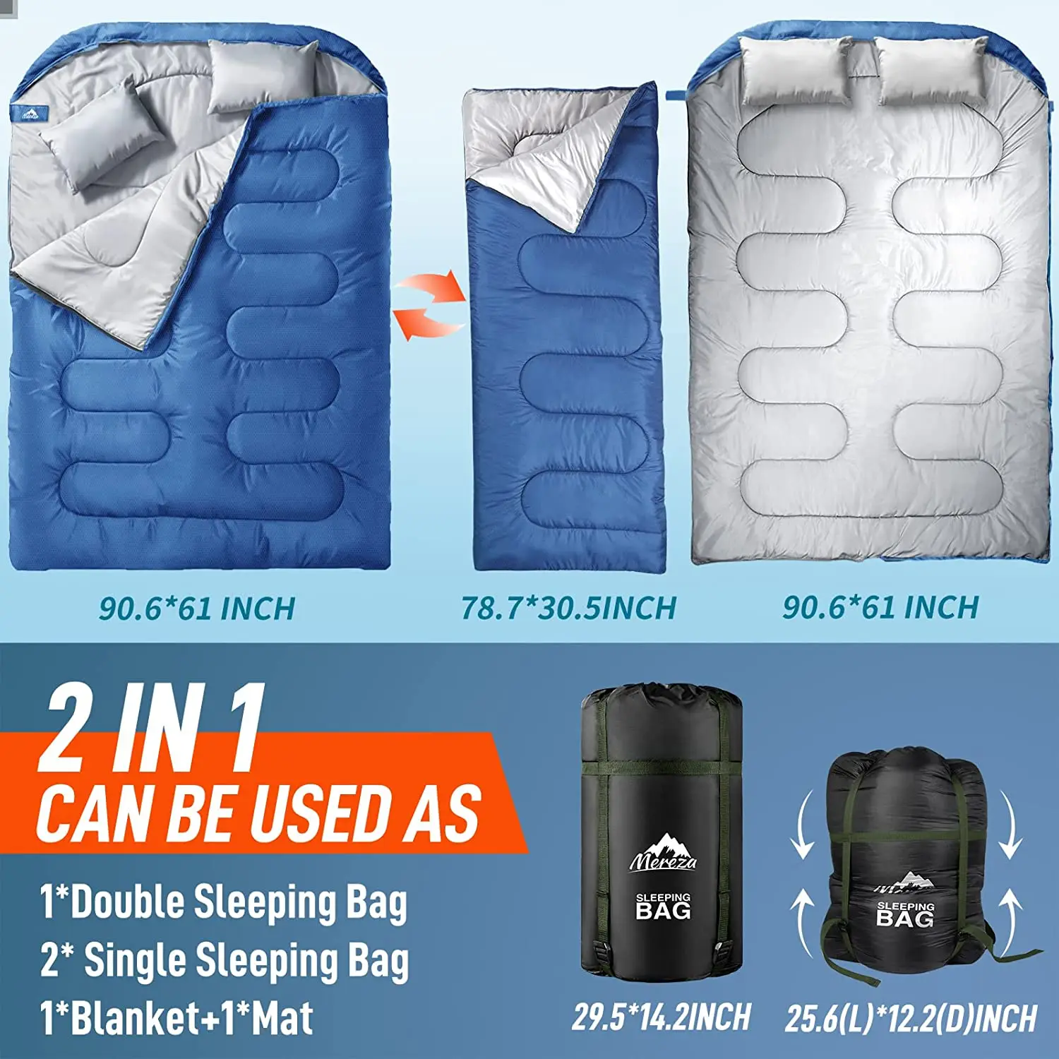 Xl Size All Season 2 In 1 Sleeping Bag,2 Pillows,Waterproof Double