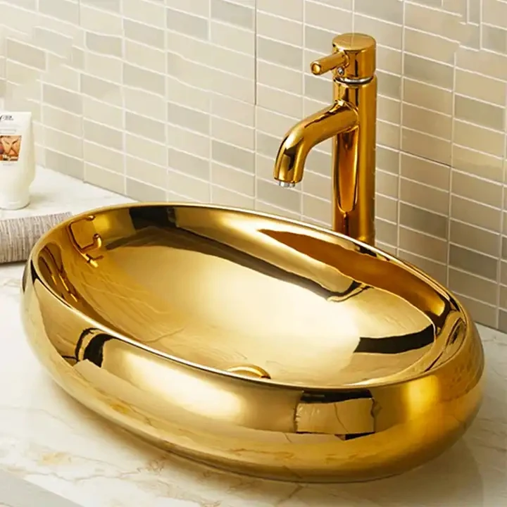 Luxury Royal Ceramic Wash Basin Sink Washbasin Oval Sink Art Basin Gold