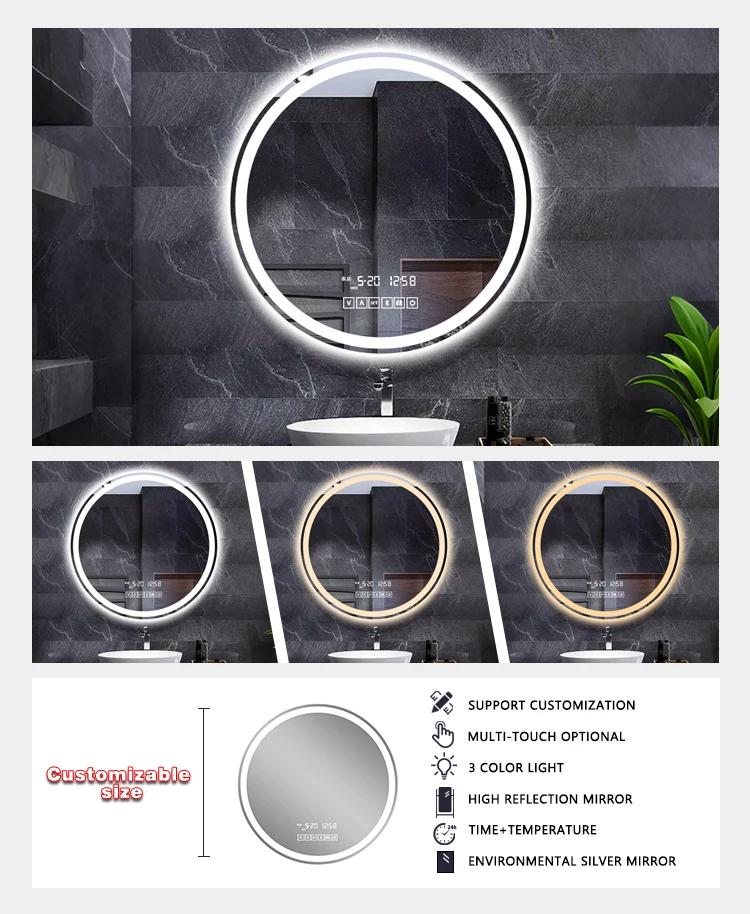 product led bathroom illumination intelligent mirror makeup mirror with bluetooth speaker weather and temperature display-4