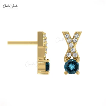 High Quality 14K Solid Gold Natural London Blue Topaz With Diamond Accent Cross Stud Earrings For Her Gemstone Jewelry