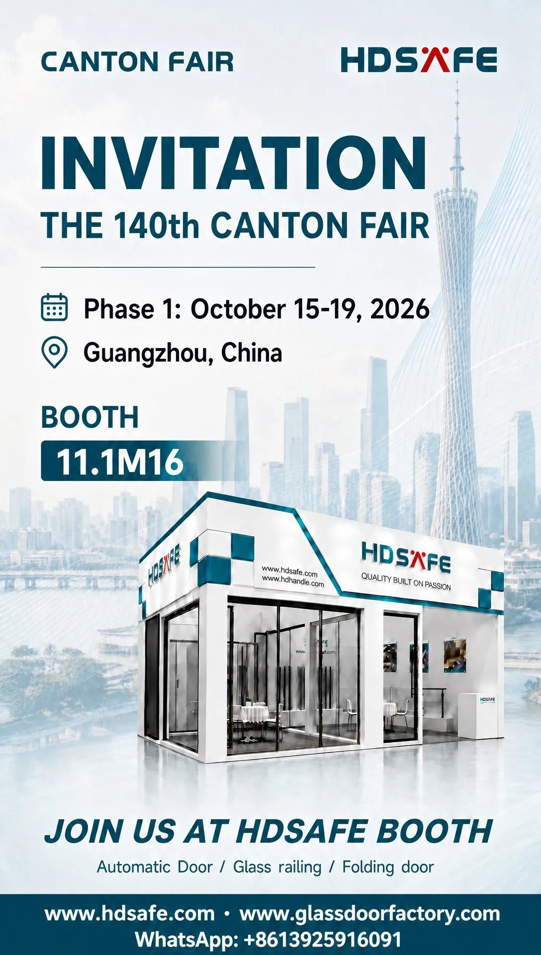 Portrait HDSAFE Canton Fair 2026 invitation showing Phase 1 dates and Booth 11.1M16 in Guangzhou.
