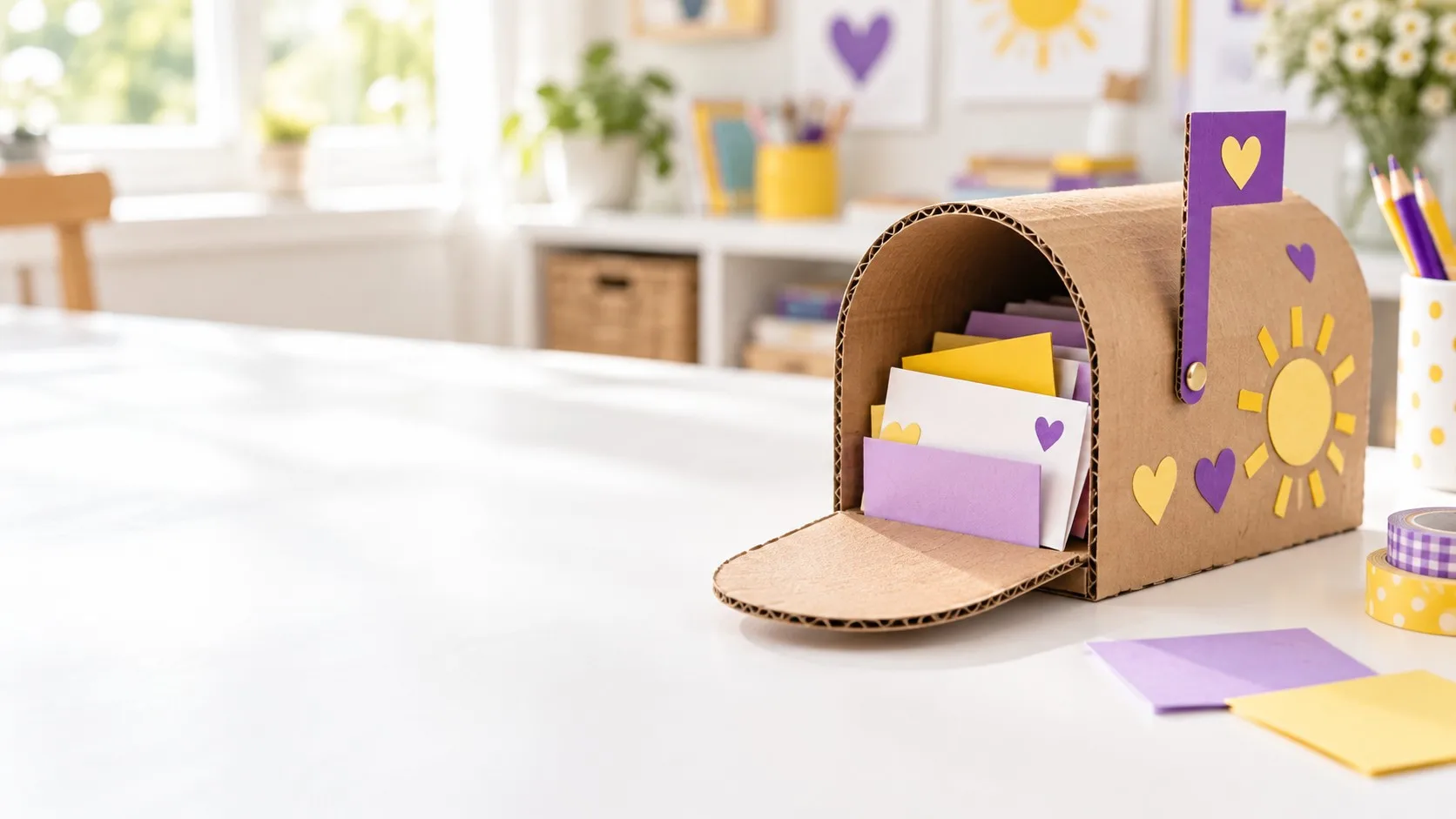 Cardboard mini mailbox with flap and envelopes