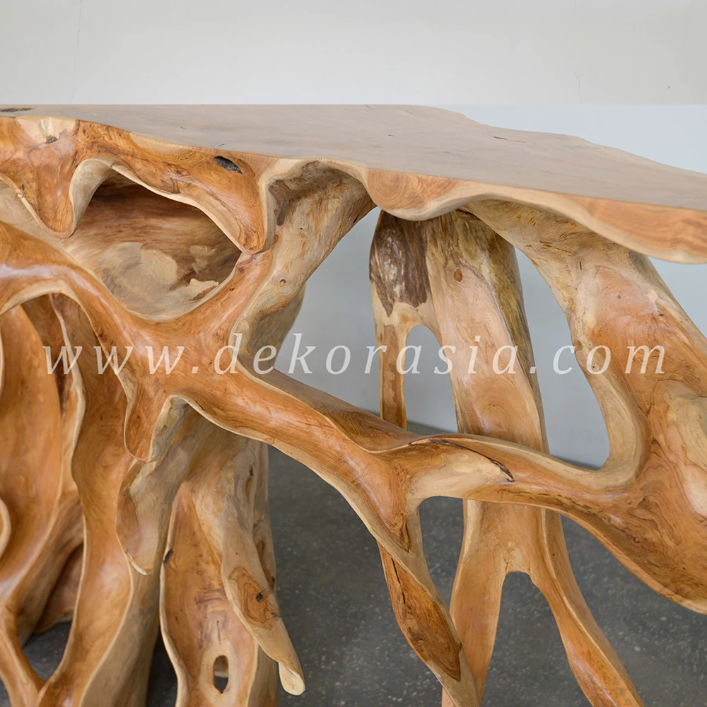 Teak Root Console Table with Carving, Teak Root Tables for Living Room Furniture, Wooden Console Table