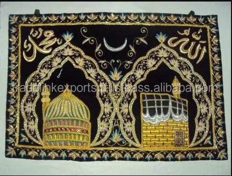 Zari Hand Embroidered Islamic Praying Wall Carpet Luxurious Spiritual Home Decor Semi-Precious Stone Inlays Cross Stitch