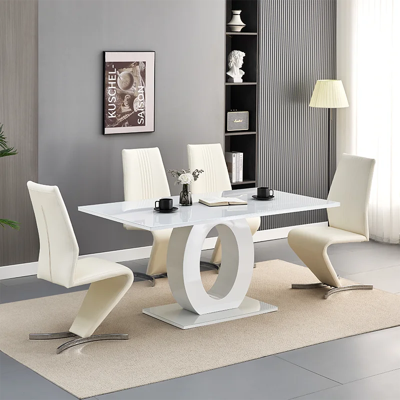 Modern Extendable Dining Table and Chair Set with Panel Design White for Apartment and Hotel Use MDF+Tempered Glass