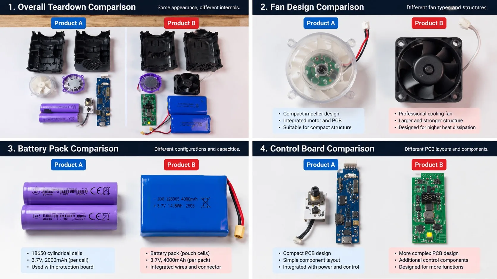 Four-panel teardown comparison: 1. Overall teardown, 2. Fan design comparison, 3. Battery pack comparison, 4. Control board comparison