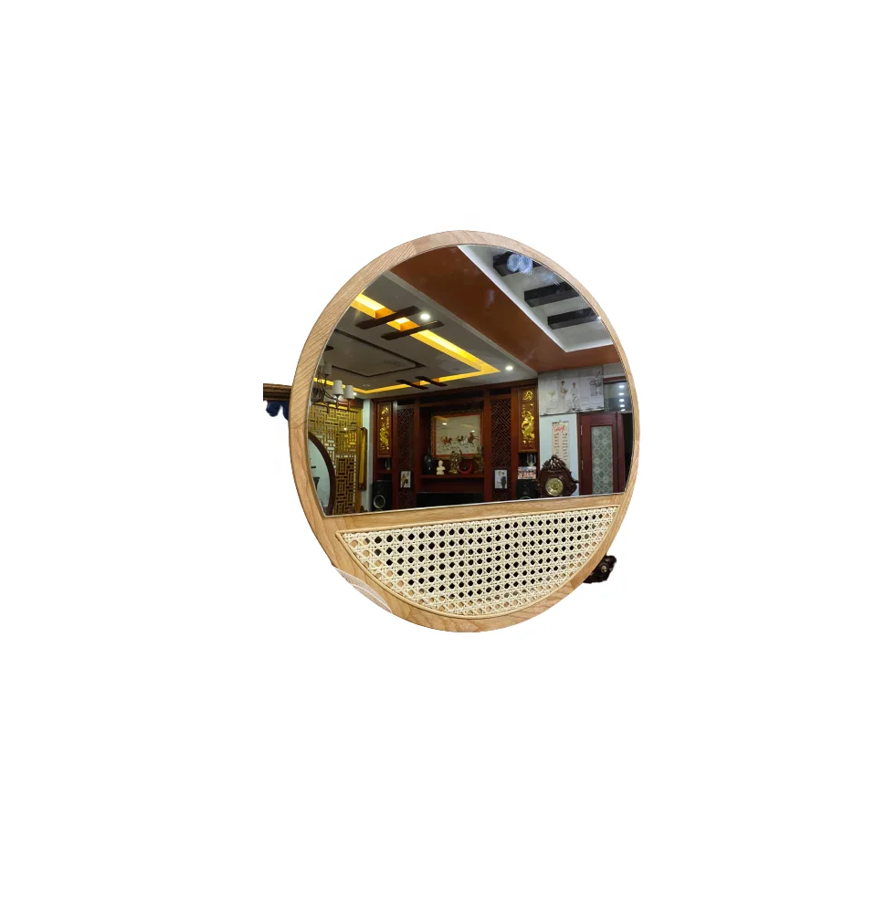 Handmade Modern Round Rattan Mirror with Cane Webbing Design Custom Size Wall Mirror Bathroom Hotel Home Restaurant Decoration