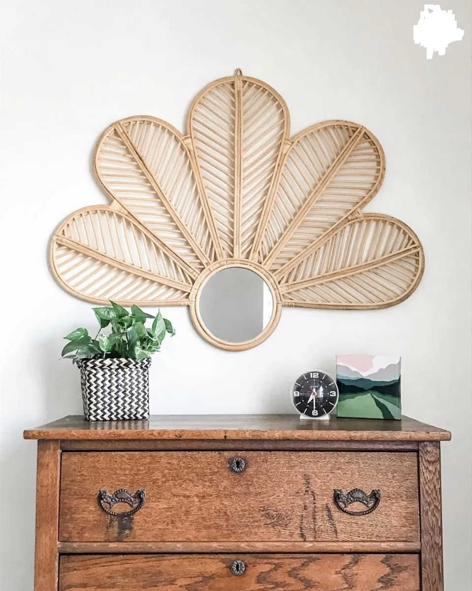 Boho Wall Decorative Handmade Rattan Cane Mirror Wicker Art Arch Cane
