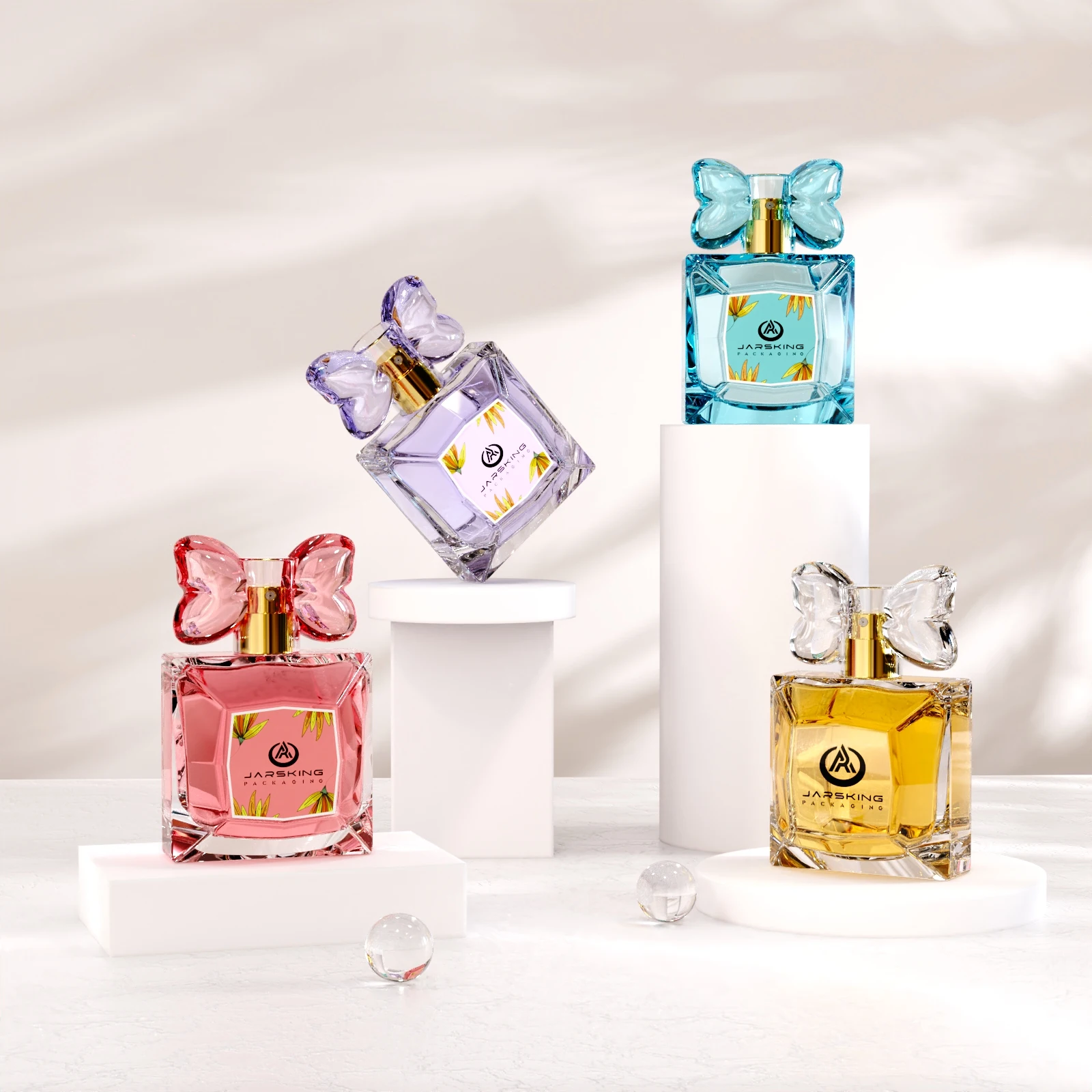 30ml 50ml 100ml Custom Printing Luxury Colorful square Shape Women Empty Sprayer Packaging Perfume Glass Bottle with Bow Tie Cap