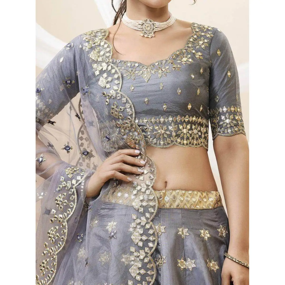 Marvelous Grey Art Silk Reception Wear Lehenga Choli with Mirror Work Evening Dresses for Women