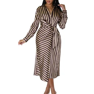 Trendy Elegant Shirt Dresses Turn-down Collar Loose Stripe Long Sleeve Ladies Office Dresses Women Casual Africa Dress