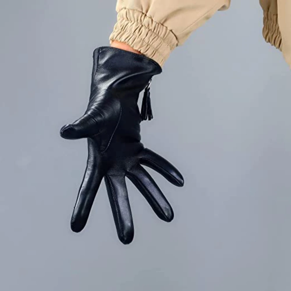 Женские короткие перчатки для вождения из натуральной кожи, импортные зимние теплые перчатки из козьей кожи с кисточками и молнией для сенсорного экрана