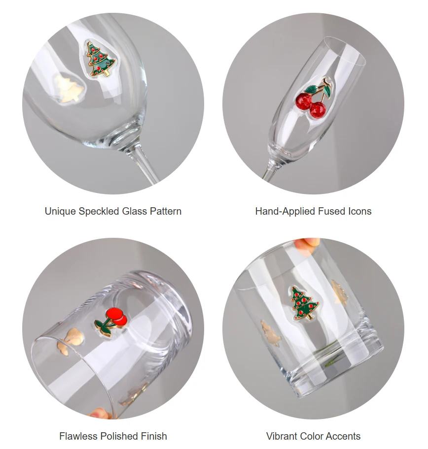 Metallic Affixed 3D Decorative Enamel Emblem Icon Attached Red Wine Drinking Champagne Flute Rocks Highball Collins Glass