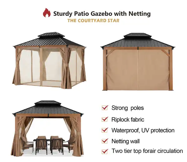 12x12 12x16 12x20 Outdoor Courtyard Gazebo Hard Top With Mosquito Net Gazebo Patio Double Top