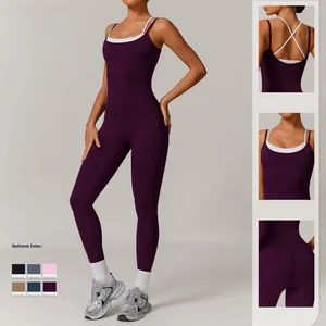 Two-Tone Color-Blocked Strappy Sports Bodysuit - Yoga Open-Back Active Outdoor Workout Jumpsuit