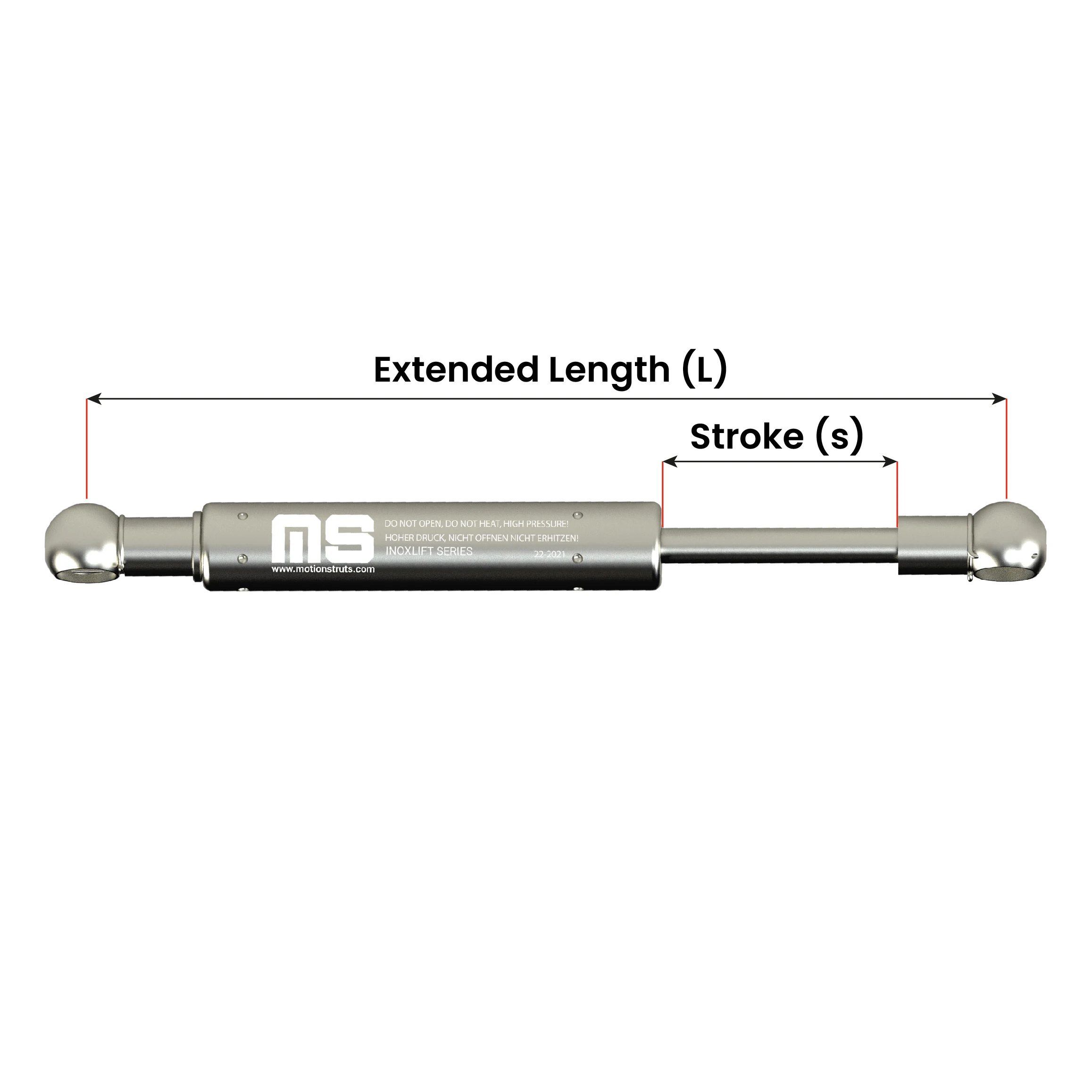 IL08BA-140-365-F1 365 mm Stainless Steel Gas Spring Inox SS Gas Piston for Food Processing Machine 140 mm Stroke ISO Certified