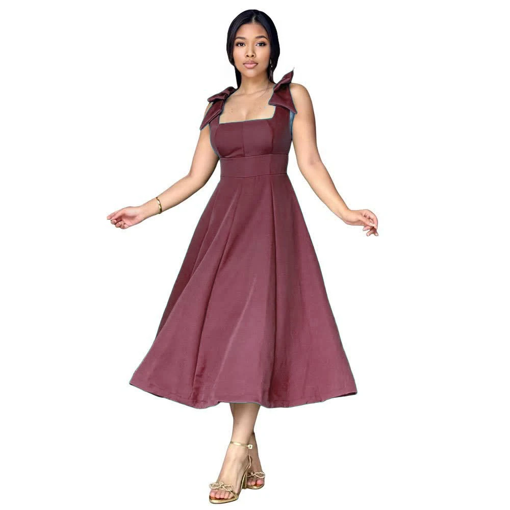 casual dress with bow tie Ruimatai Women's Square Neck Bow Tie Puff 3/4 Sleeve Loose Fit Casual Midi  Dresses for Women Summer Everyday & Vacation Wear