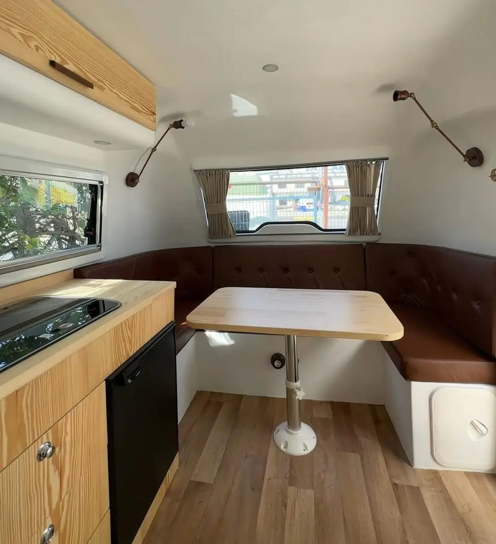 New Design High Class Modern Teardrop Travel Trailer Rose Color Wood Floor Stainless Steel 6 Person Sleeping Capacity