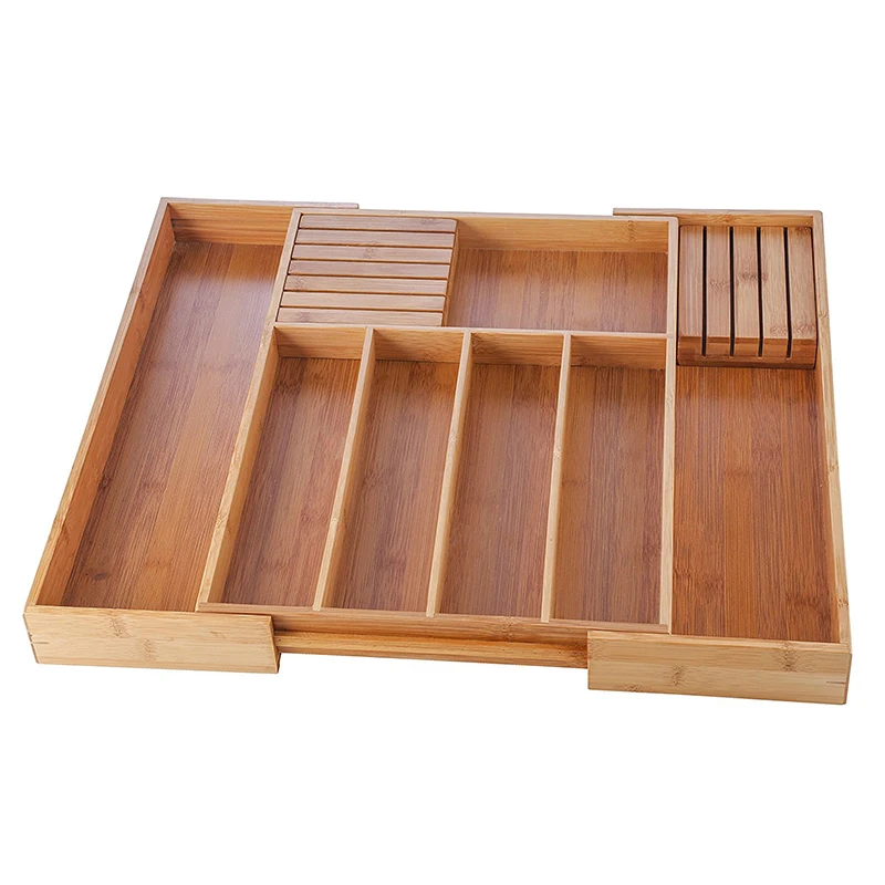 product expandable bamboo wood kitchen drawer organizer with removable knife block eco friendly food grade storage for cutlery  tools-2