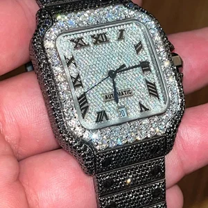 Original Branded Handmade Premium Quality Black Round Dial Half Iced Out Unisex Luxury Fine Jewelry VVS Lab Grown Diamond Watch