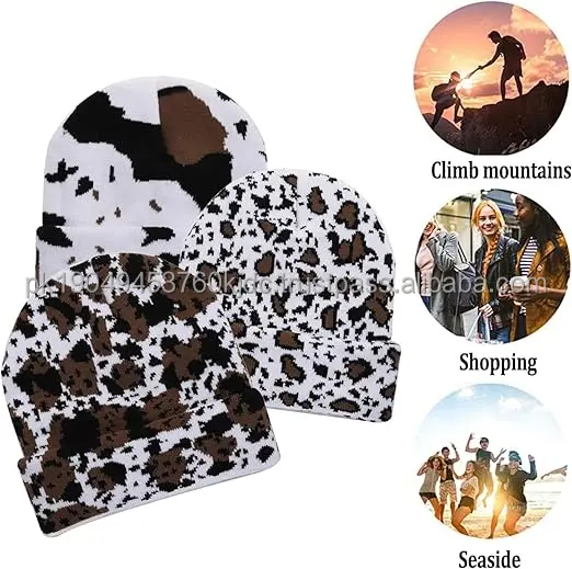 Women and Men's Cow Print Camouflage Beanie Hat Warm 2-Layer Winter Skull Cap with Dot and Fruit Pattern Y2K Animal Print Beach