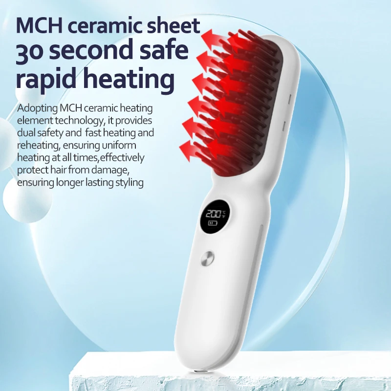 Professional New Hair Straightening Brush Wireless LCD Display Electric Ceramic Hair Straightener Dry Wet Salon Hair Comb MCH