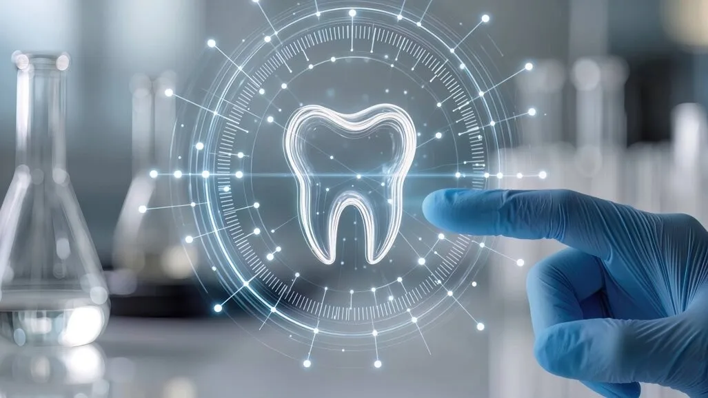 Digital dentistry concept showing an AI tooth interface and clinician’s gloved hand in a connected dental workflow