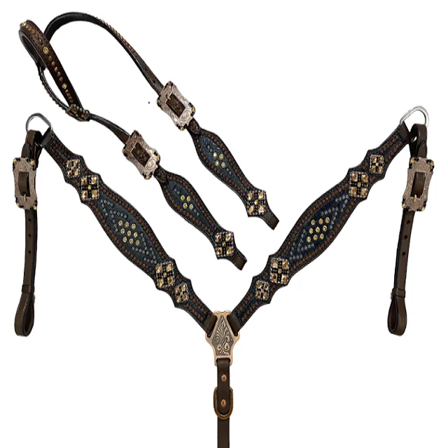 CROWNIX Western Headstall & Breast Collar Tack Set - Premium Leather, Adjustable, For Trail Riding & Shows