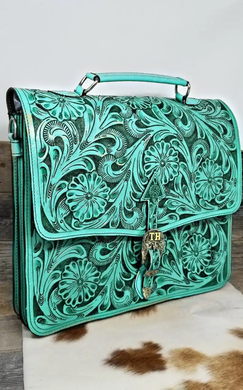 Handmade Fully Tooled Leather Western Briefcase With Floral Border
