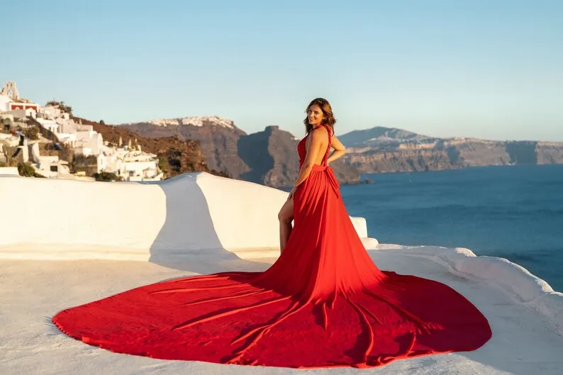 Custom Red Flowy Long Train Dress for Pre-Wedding Photo Shoot Women and Baby's Shower Photo Shoot Wedding Genre Custom Red Flowy Long Train Dress for Pre-Wedding Photo Shoot Women and Baby's Shower Photo Shoot Wedding Genre