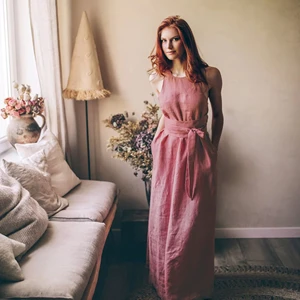 Vintage Pink Linen Maxi Dress for Women Summer Classic Minimalist Style Plus Size with Sash Belt-for Warm Weather