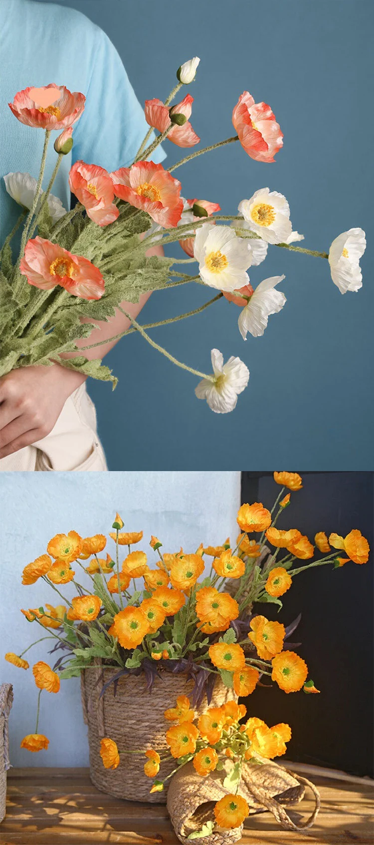 红色罂粟花人造花丝绸假罂粟花束长茎逼真桌展示室内婚礼花卉装饰