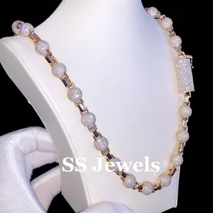 Custom Unisex Iced Ball Link Chain Necklace Brilliant Cut VVS Moissanite Diamond 925 Silver Rhodium Plated Hip Hop Style Jewelry