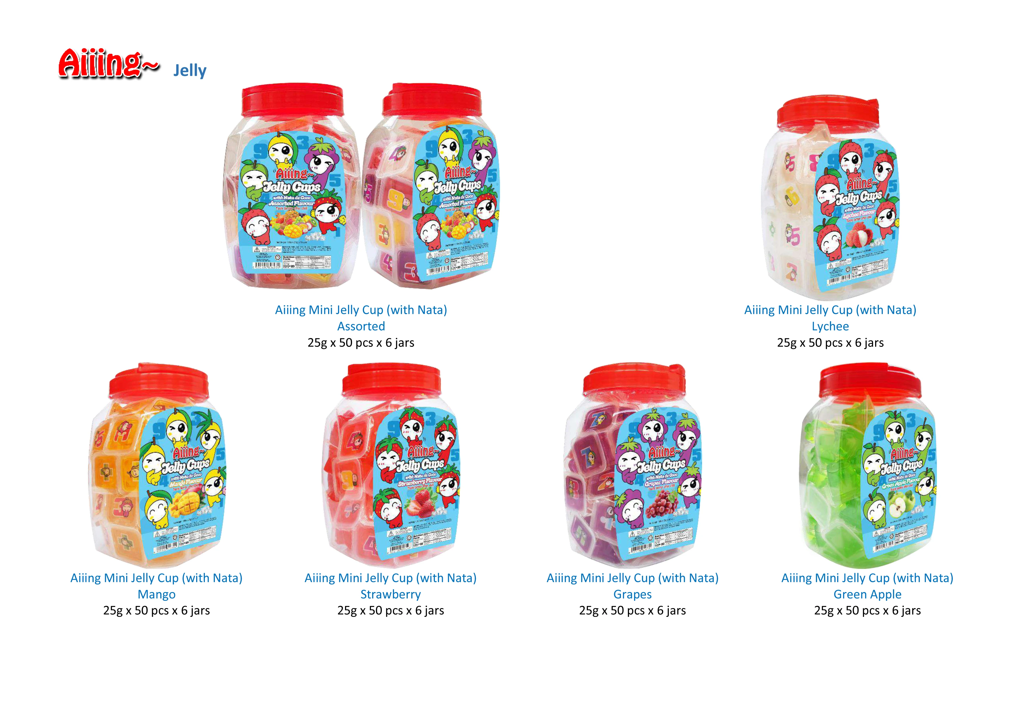 Aiiing Fruit Mini Jelly Cup with Nata De Coco Grapes Mango Lychee Strawberry Assorted Flavor Packet 25g X 27 Pcs X 14 Pkts