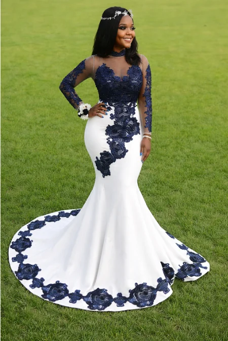 blue lace applique dress Navy Mermaid Gown White Evening with Illusion Sleeves Court Train Waist Size:36″ Donna Morgan D8169M Black hs code Floral applique 100% Polyester Fabric Type