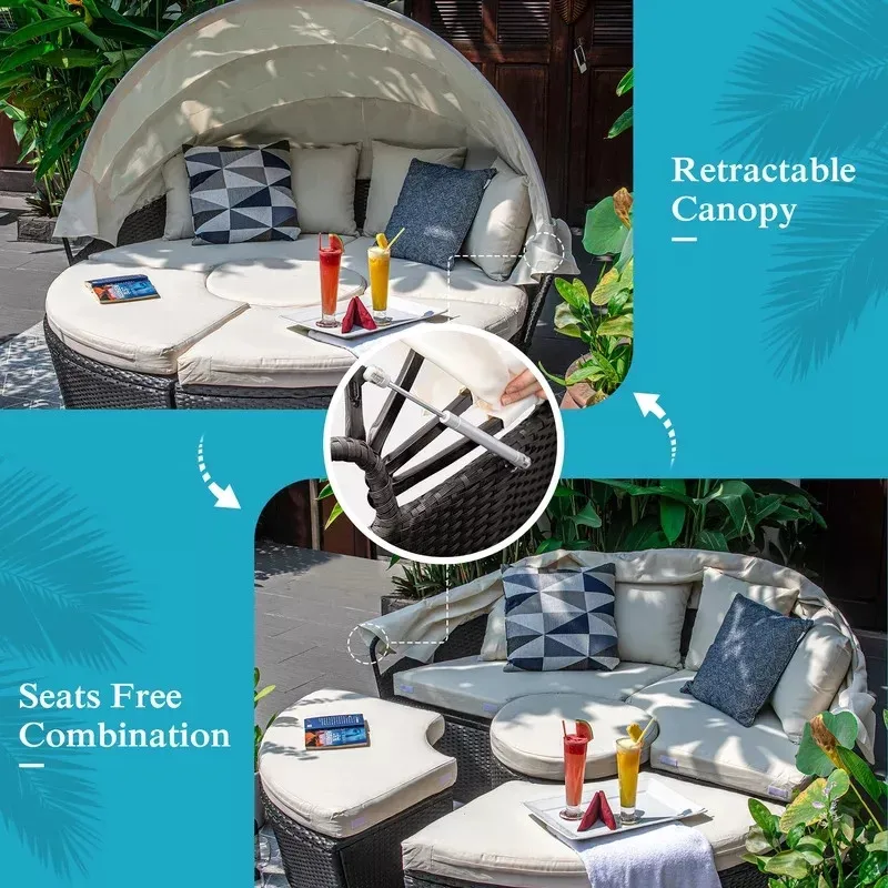 Outdoor Wicker Patio Daybed With Cushions Swimming Pool Furniture Round