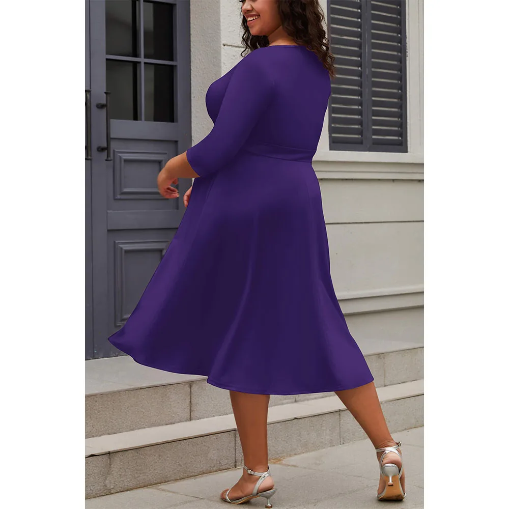 Women s Plus Size Midi Dress 3 4 Sleeve A Line Swing Dress V Neck Flowy Casual Dresses Alibaba